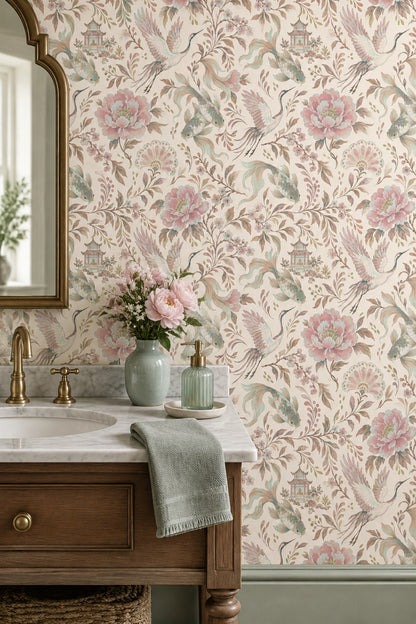 Cranes And Koi Fish Wallpaper Chinoiserie Floral Cream