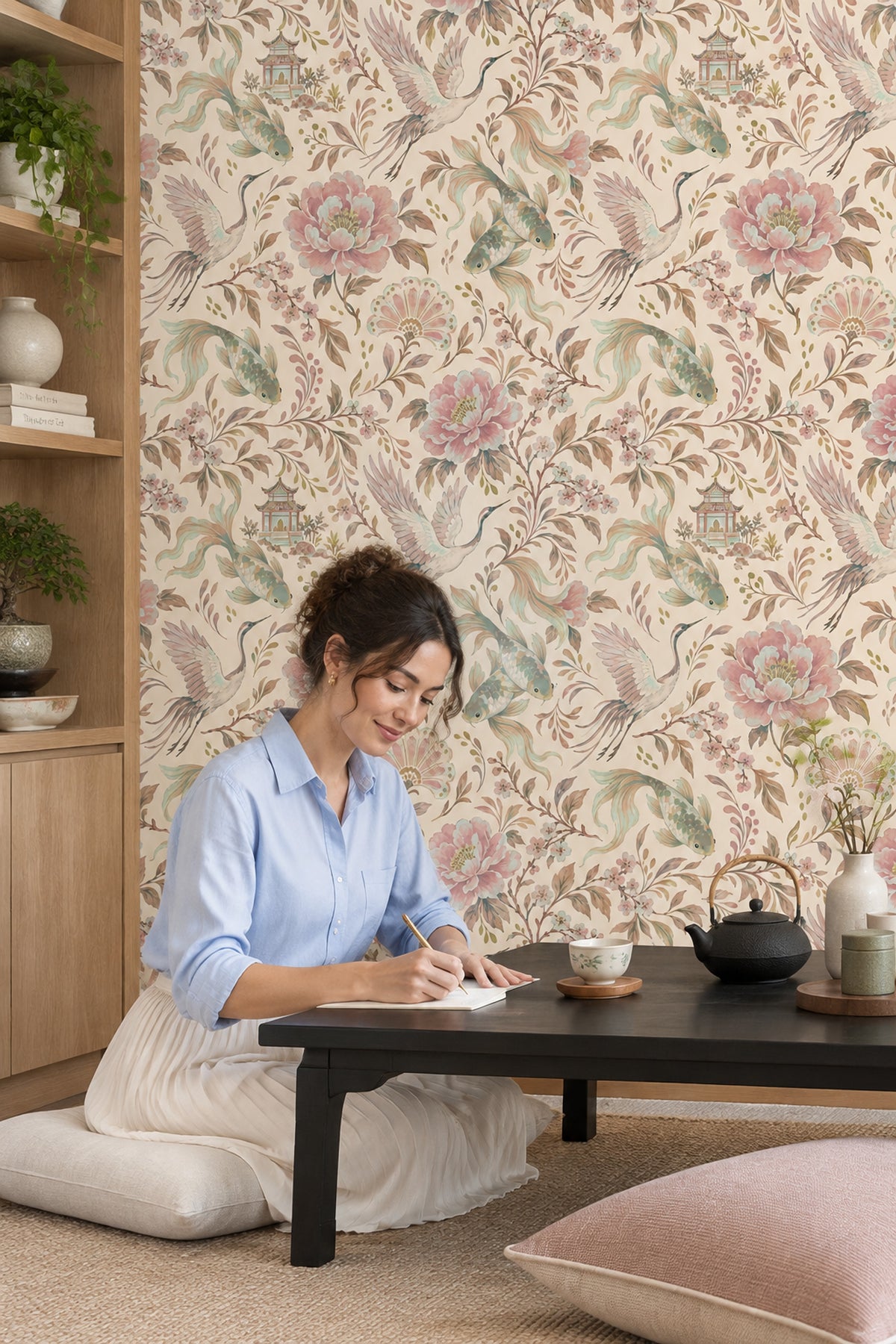 Cranes And Koi Fish Wallpaper Chinoiserie Floral Cream