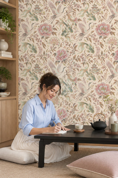 Cranes And Koi Fish Wallpaper Chinoiserie Floral Cream