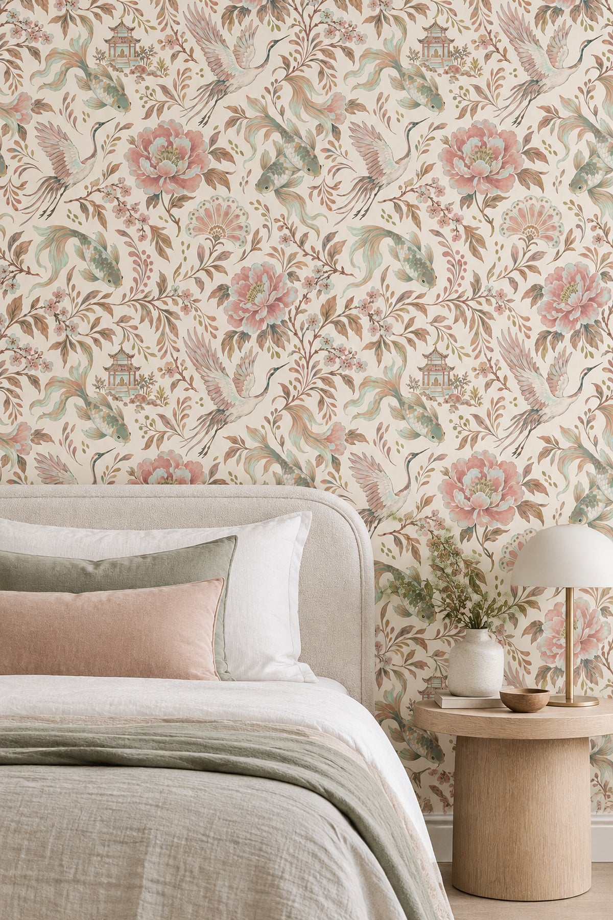 Cranes And Koi Fish Wallpaper Chinoiserie Floral Cream