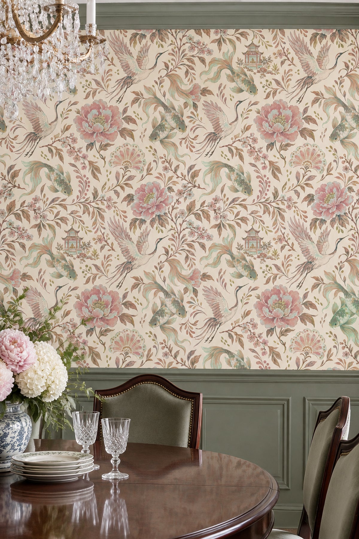 Cranes And Koi Fish Wallpaper Chinoiserie Floral Cream