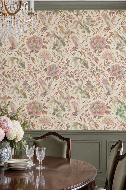 Cranes And Koi Fish Wallpaper Chinoiserie Floral Cream