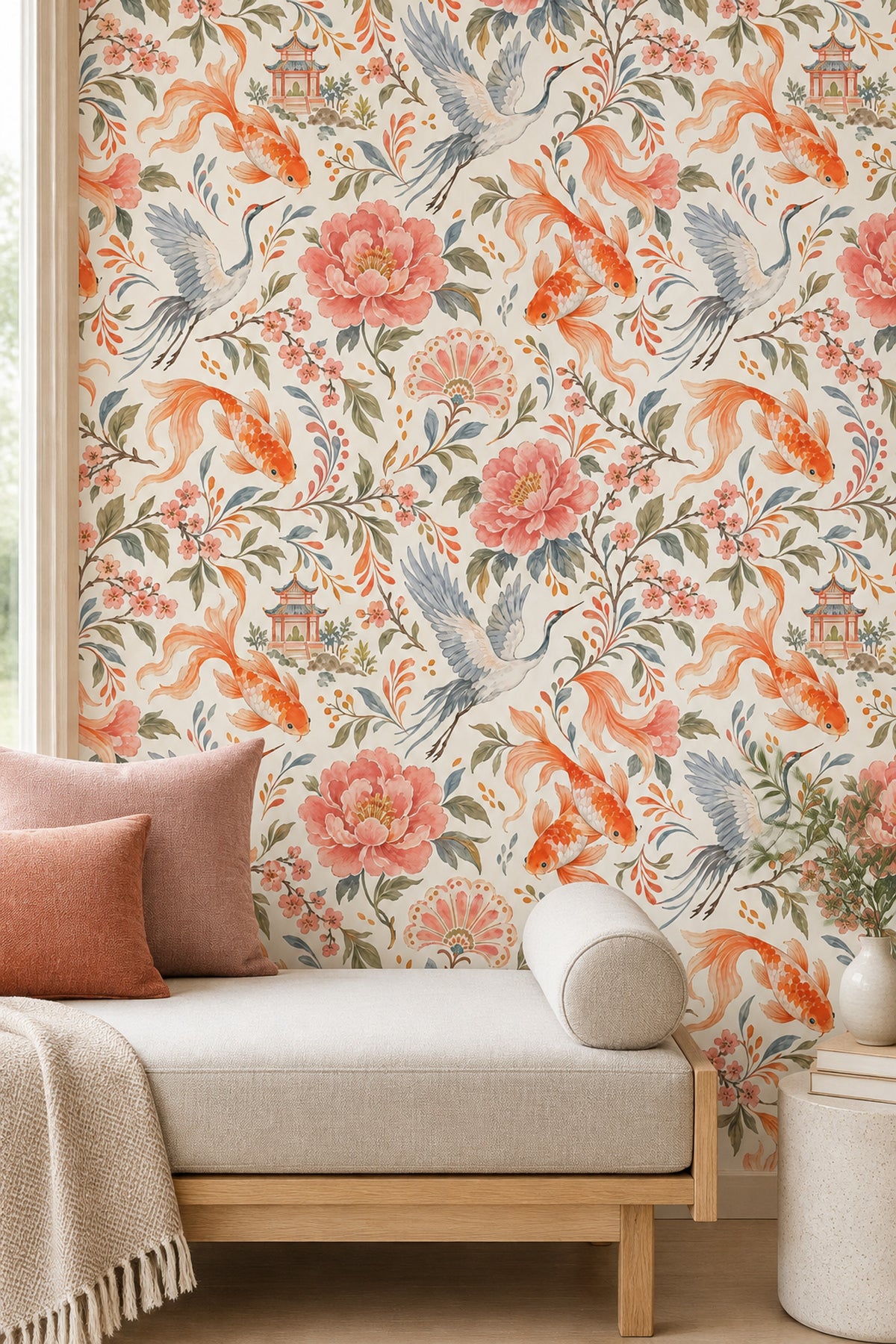 Koi Fish And Cranes Wallpaper Watercolor Chinoiserie Floral