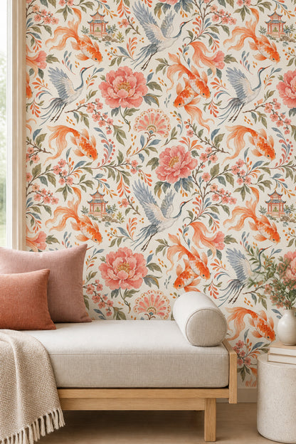 Koi Fish And Cranes Wallpaper Watercolor Chinoiserie Floral