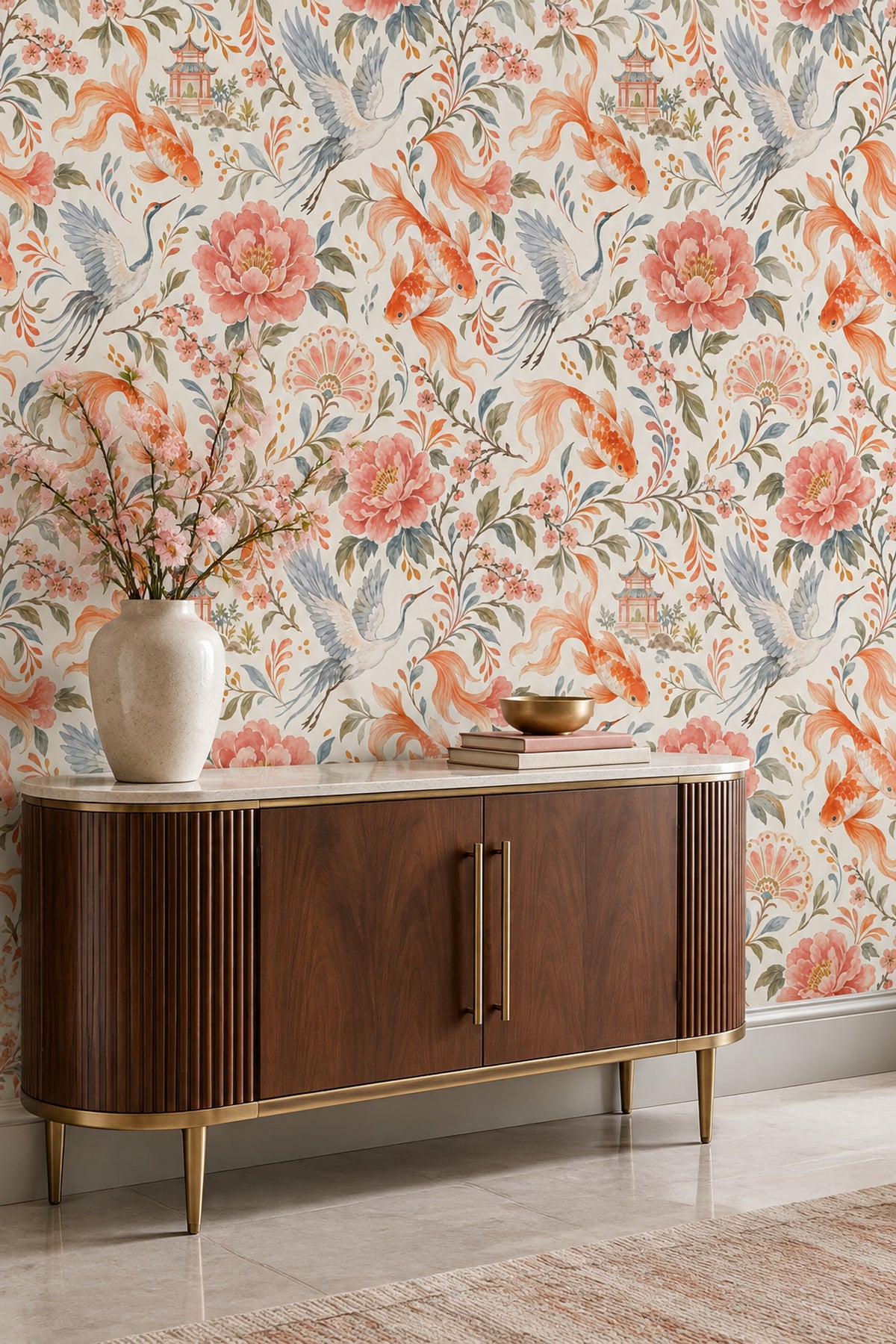 Koi Fish And Cranes Wallpaper Watercolor Chinoiserie Floral