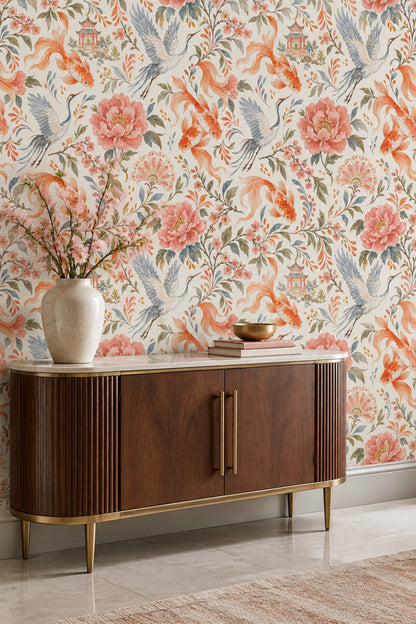 Koi Fish And Cranes Wallpaper Watercolor Chinoiserie Floral