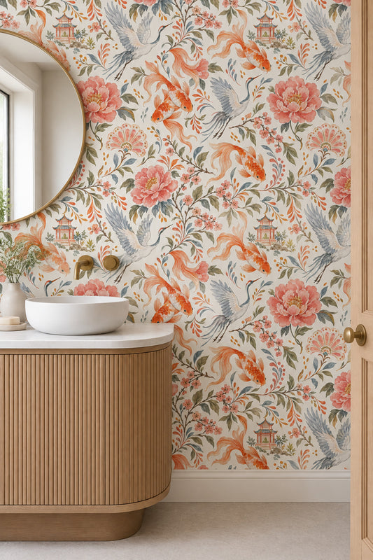 Koi Fish And Cranes Wallpaper Watercolor Chinoiserie Floral