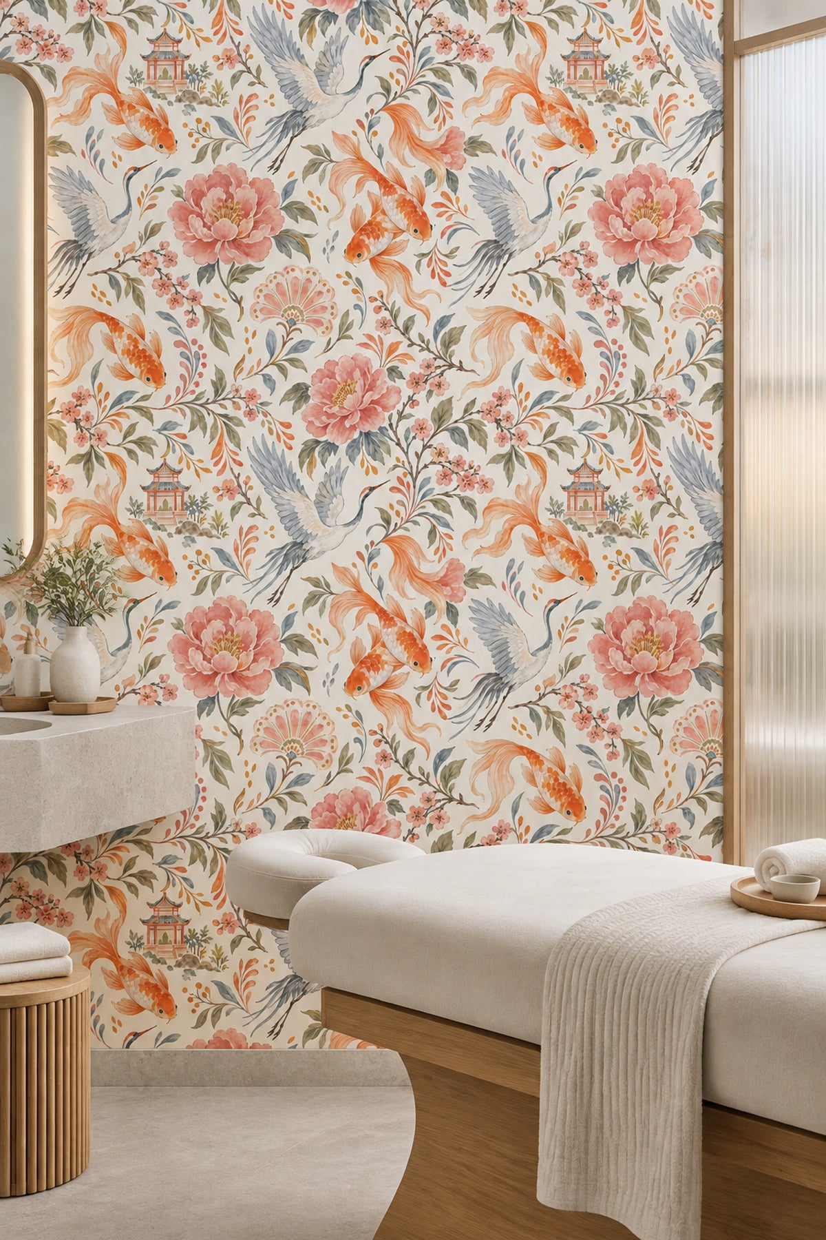 Koi Fish And Cranes Wallpaper Watercolor Chinoiserie Floral