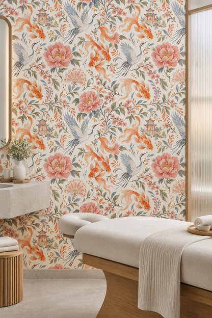 Koi Fish And Cranes Wallpaper Watercolor Chinoiserie Floral