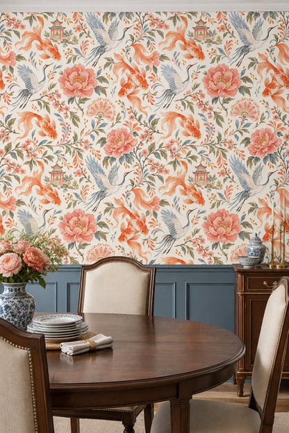 Koi Fish And Cranes Wallpaper Watercolor Chinoiserie Floral