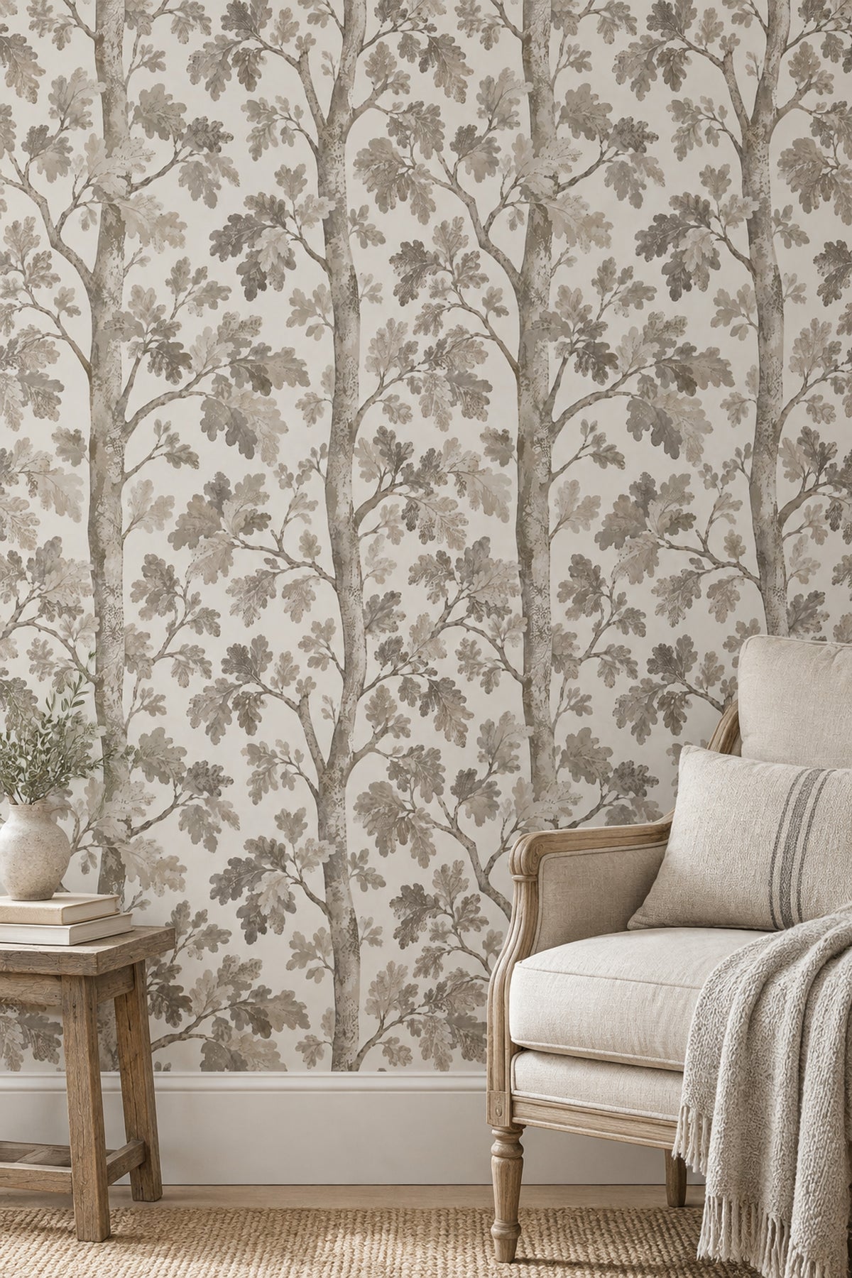 Oak Tree Trunks Wallpaper Neutral Watercolor Forest
