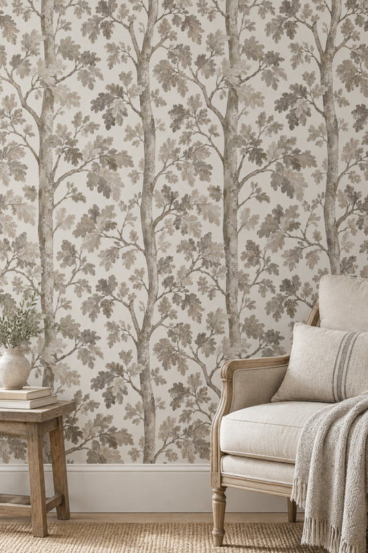 Oak Tree Trunks Wallpaper Neutral Watercolor Forest