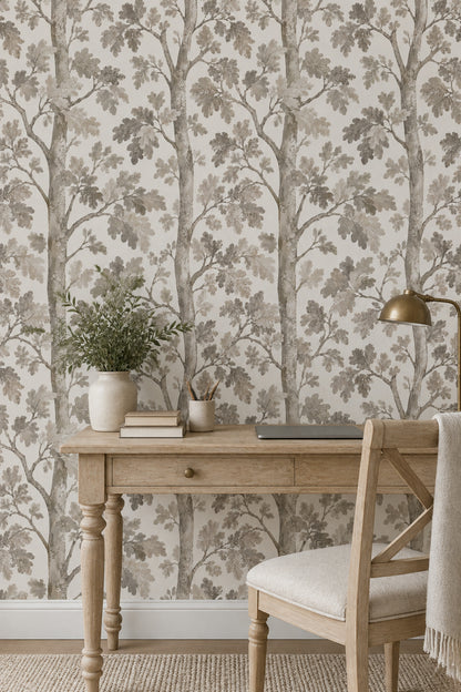 Oak Tree Trunks Wallpaper Neutral Watercolor Forest