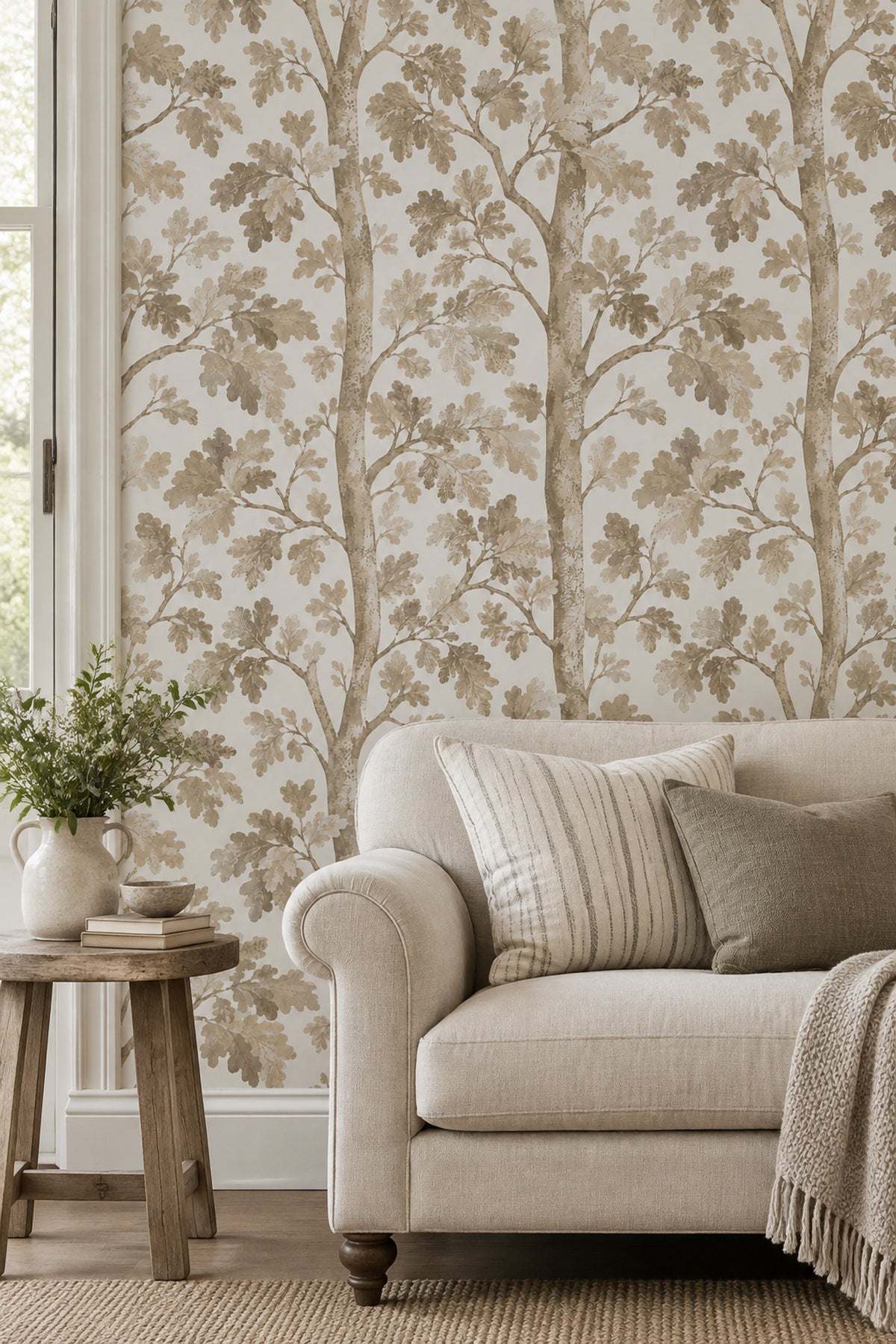 Oak Leaves Wallpaper Watercolor Tree Branches In Neutral Beige