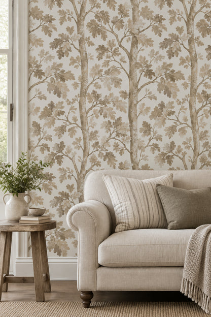 Oak Leaves Wallpaper Watercolor Tree Branches In Neutral Beige