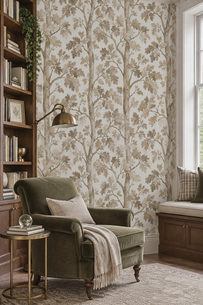 Oak Leaves Wallpaper Watercolor Tree Branches In Neutral Beige