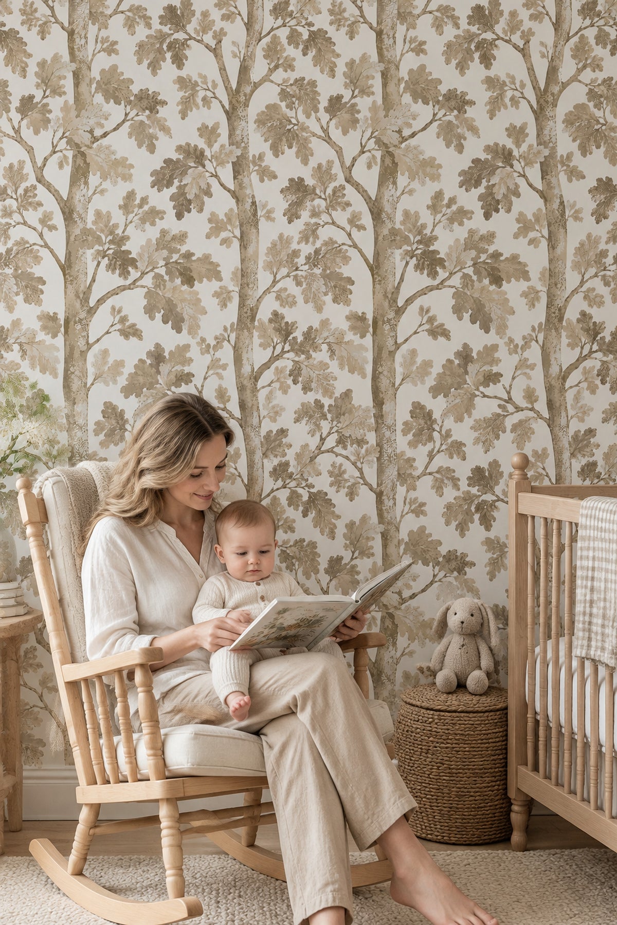 Oak Leaves Wallpaper Watercolor Tree Branches In Neutral Beige