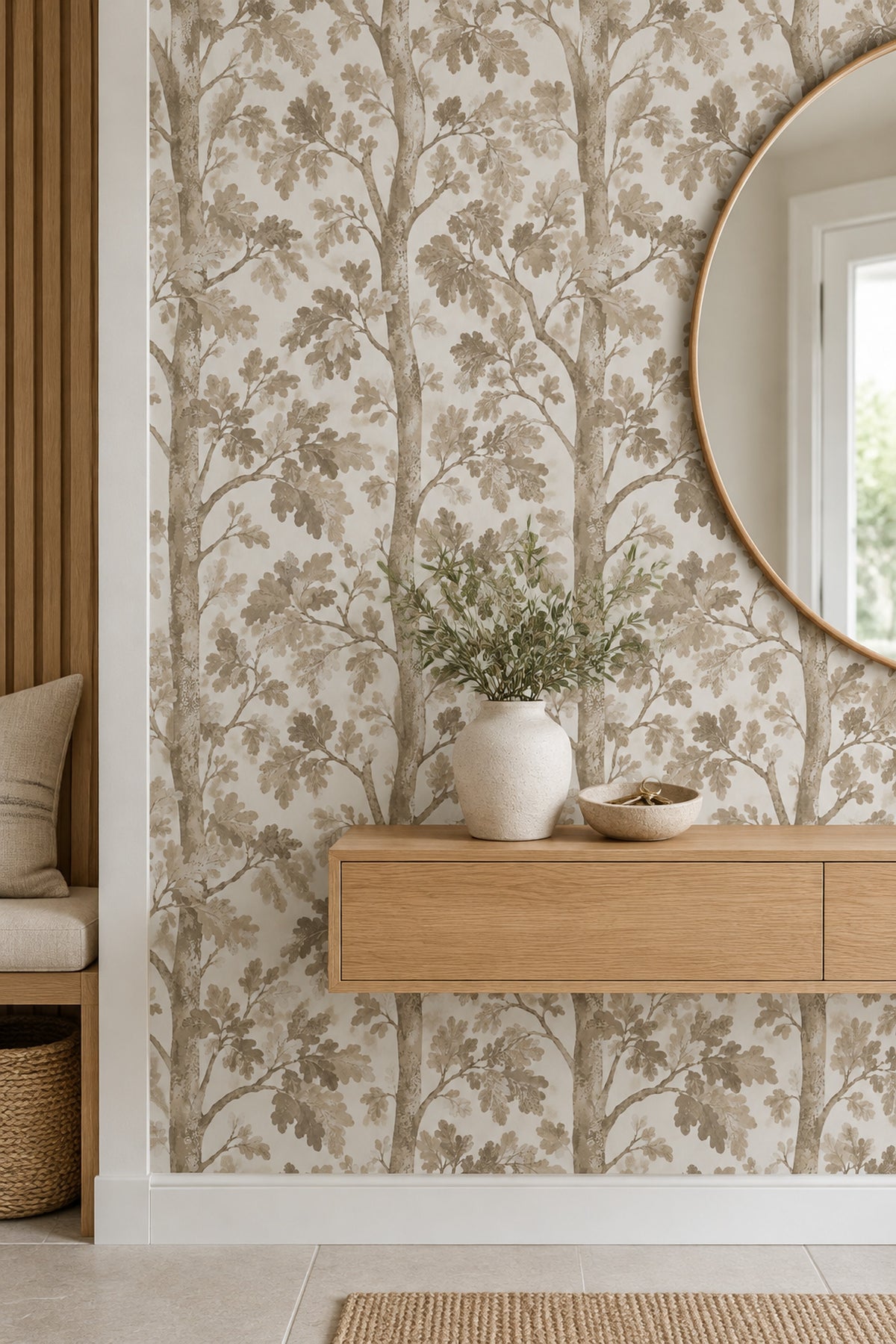 Oak Leaves Wallpaper Watercolor Tree Branches In Neutral Beige