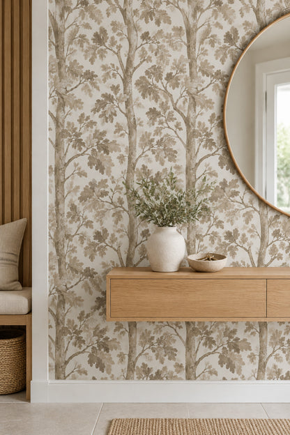 Oak Leaves Wallpaper Watercolor Tree Branches In Neutral Beige