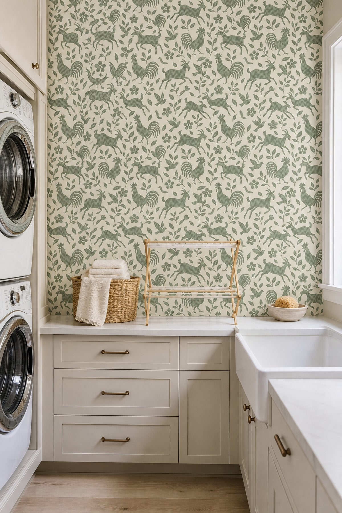 Roosters And Goats Wallpaper Sage Green Folk Art