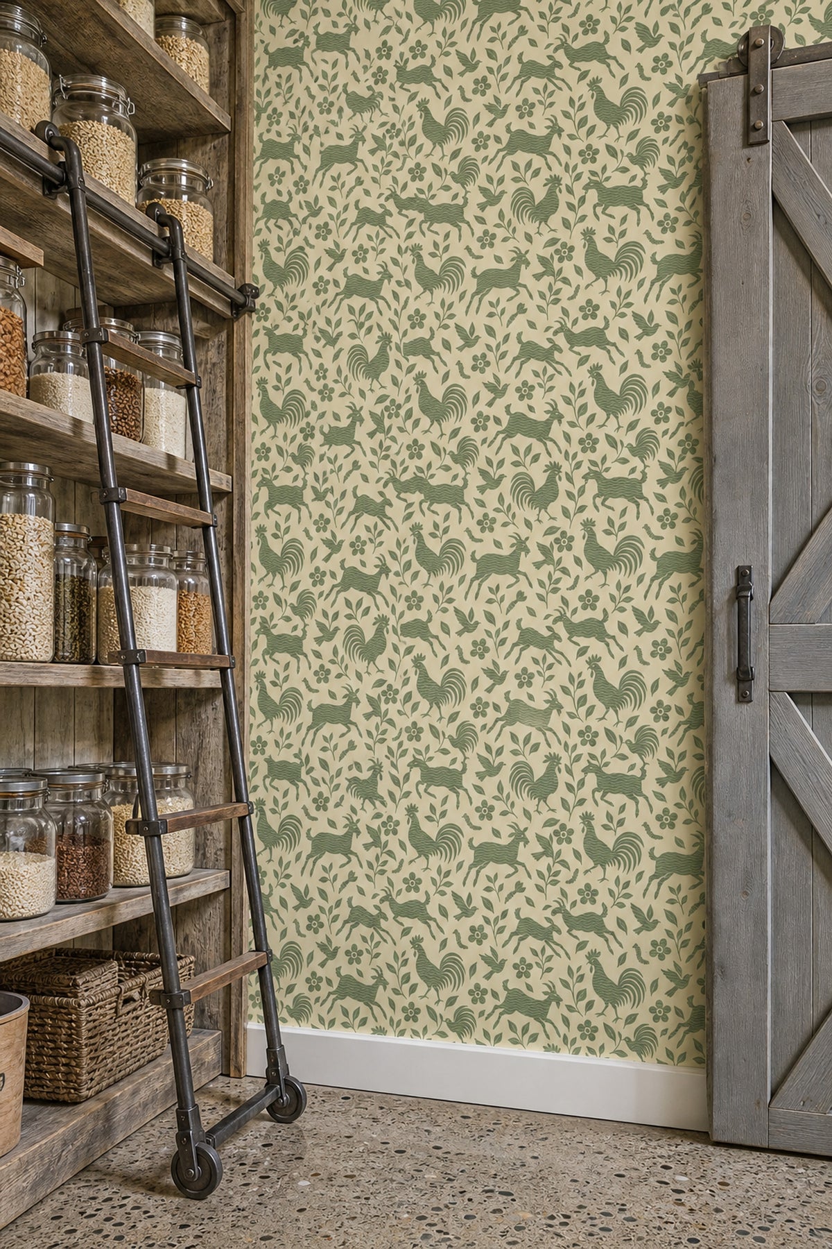 Roosters And Goats Wallpaper Sage Green Folk Art