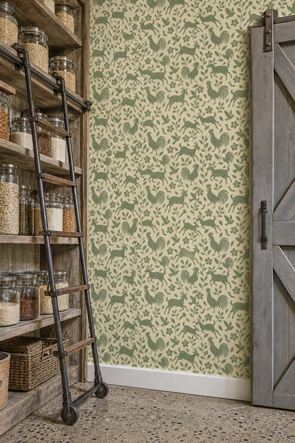 Roosters And Goats Wallpaper Sage Green Folk Art