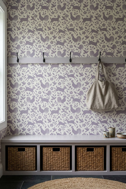 Roosters And Goats Wallpaper Lavender Folk Art On Ivory