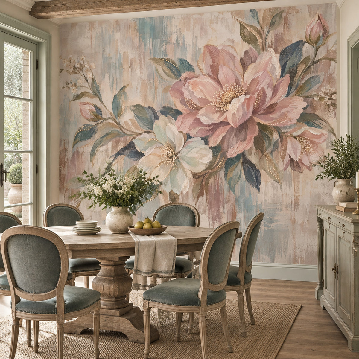 Blush Pink Roses Wallpaper Textured Botanical Wall Mural