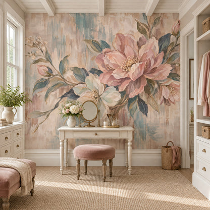 Blush Pink Roses Wallpaper Textured Botanical Wall Mural