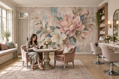 Blush Pink Roses Wallpaper Textured Botanical Wall Mural