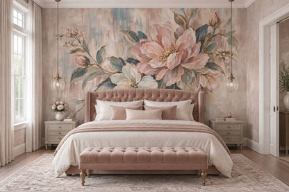 Blush Pink Roses Wallpaper Textured Botanical Wall Mural