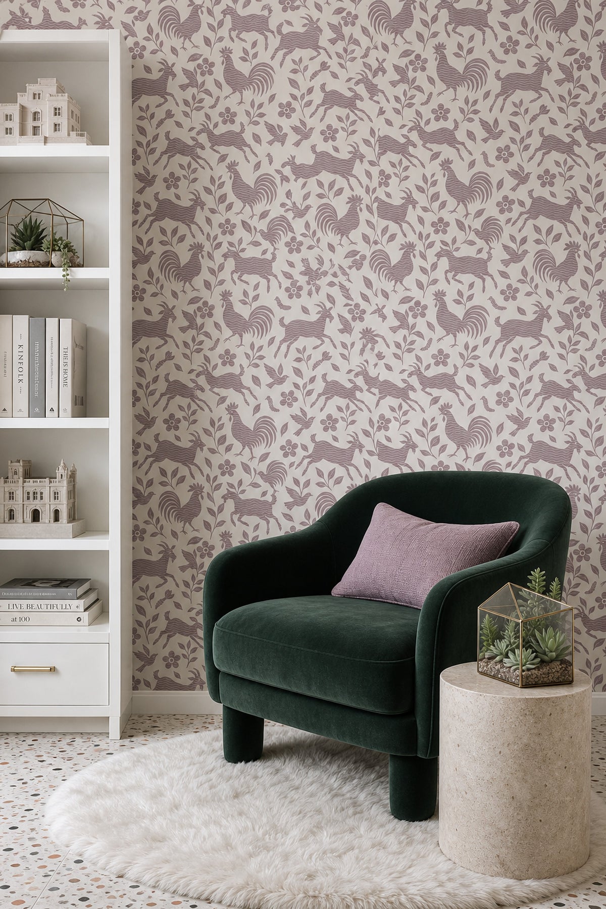 Roosters And Goats Wallpaper Folk Art Floral Pink
