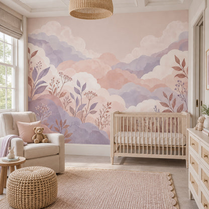 Pastel Watercolor Clouds Wallpaper Dreamy Mountain Landscape Wall Mural
