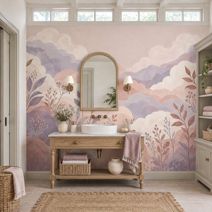Pastel Watercolor Clouds Wallpaper Dreamy Mountain Landscape Wall Mural
