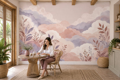 Pastel Watercolor Clouds Wallpaper Dreamy Mountain Landscape Wall Mural