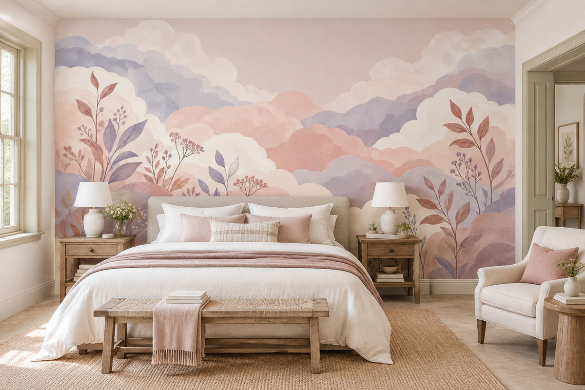 Pastel Watercolor Clouds Wallpaper Dreamy Mountain Landscape Wall Mural