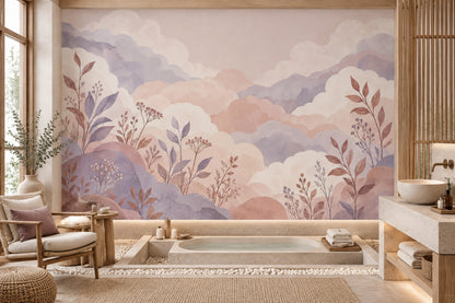 Pastel Watercolor Clouds Wallpaper Dreamy Mountain Landscape Wall Mural
