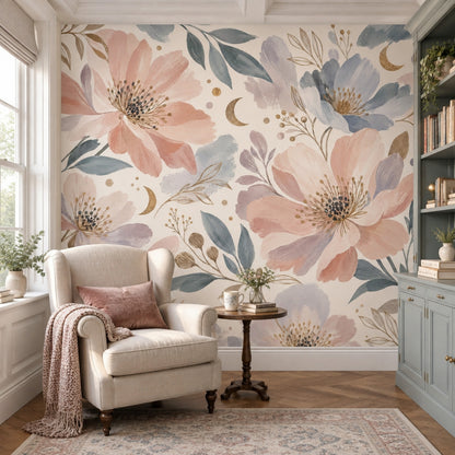 Pastel Peony Blooms Wallpaper Gold Crescent Wall Mural