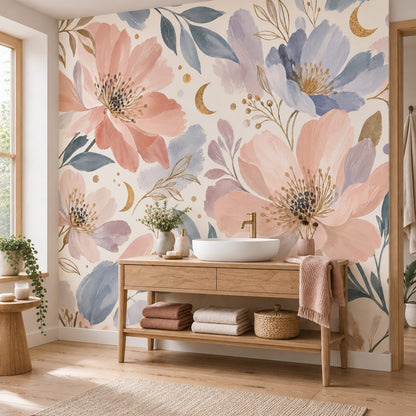 Pastel Peony Blooms Wallpaper Gold Crescent Wall Mural