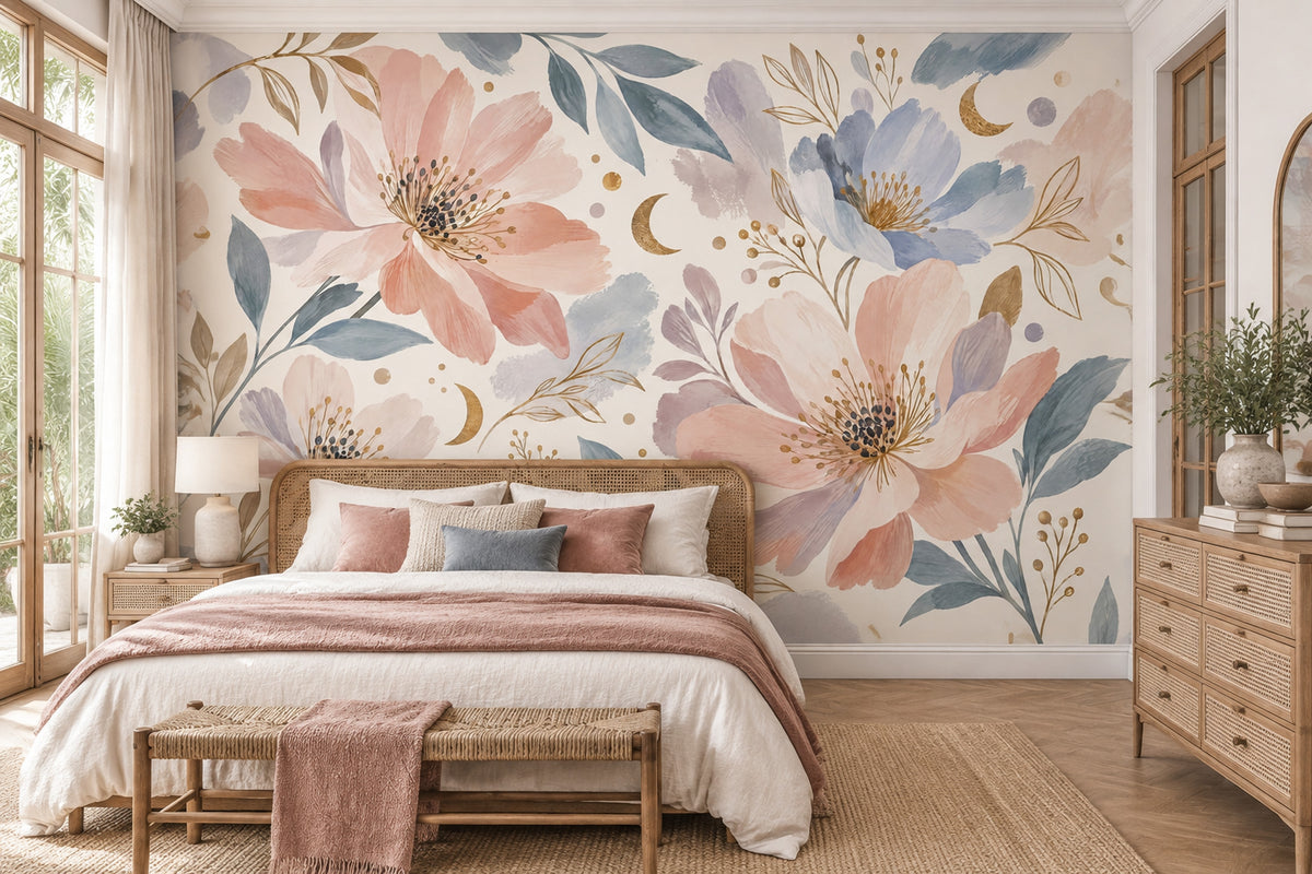 Pastel Peony Blooms Wallpaper Gold Crescent Wall Mural