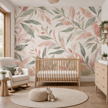 Pastel Botanical Leaves Wallpaper Watercolor Texture Wall Mural