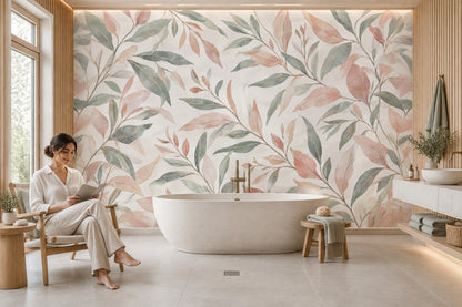 Pastel Botanical Leaves Wallpaper Watercolor Texture Wall Mural