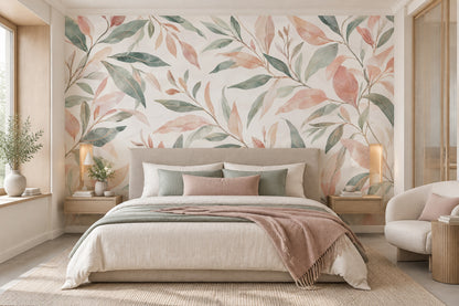 Pastel Botanical Leaves Wallpaper Watercolor Texture Wall Mural