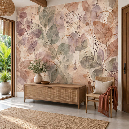 Watercolor Botanical Leaves Wallpaper Soft Beige Texture Wall Mural