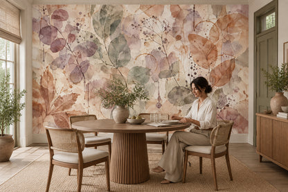 Watercolor Botanical Leaves Wallpaper Soft Beige Texture Wall Mural
