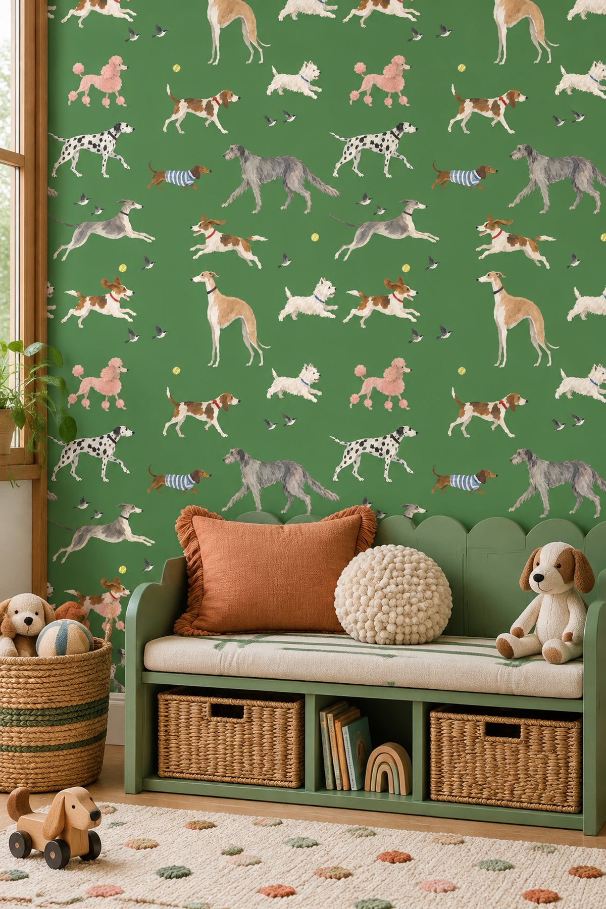 Running Dogs Wallpaper Watercolor Green Background