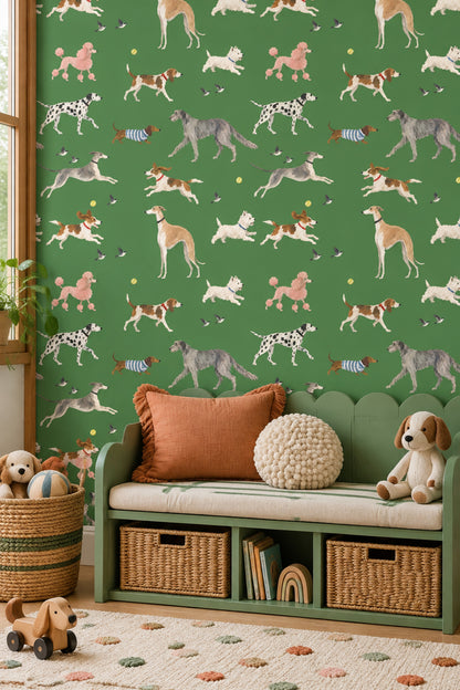 Running Dogs Wallpaper Watercolor Green Background