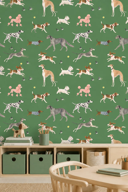 Running Dogs Wallpaper Watercolor Green Background