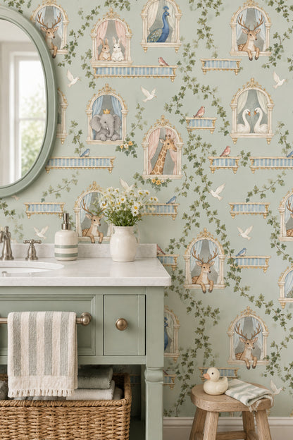 Fairy Tale Palace Animals Wallpaper Muted Green Watercolor