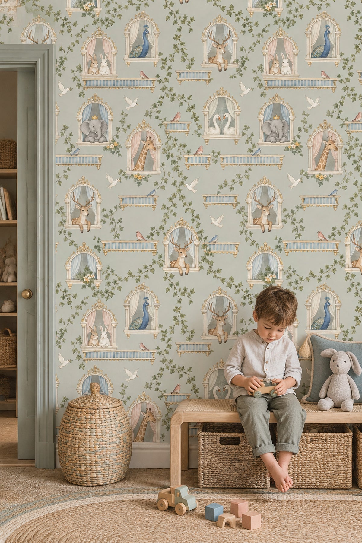 Fairy Tale Palace Animals Wallpaper Muted Green Watercolor